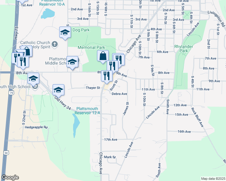 map of restaurants, bars, coffee shops, grocery stores, and more near 1115 Scott Street in Plattsmouth