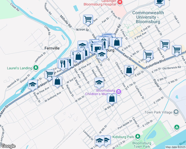 map of restaurants, bars, coffee shops, grocery stores, and more near 344 Market Street in Bloomsburg