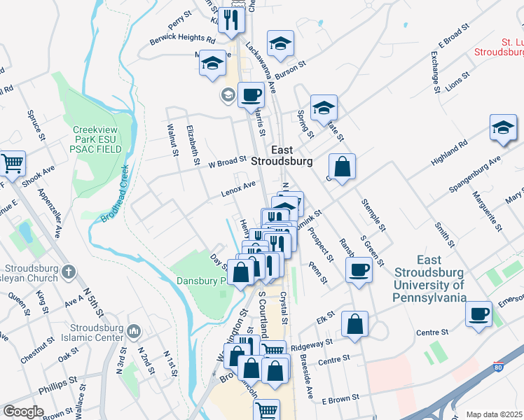 map of restaurants, bars, coffee shops, grocery stores, and more near 55 North Courtland Street in East Stroudsburg