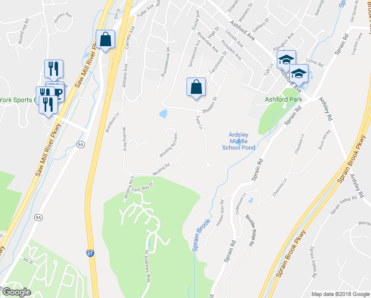 map of restaurants, bars, coffee shops, grocery stores, and more near 498 Winding Road in Ardsley