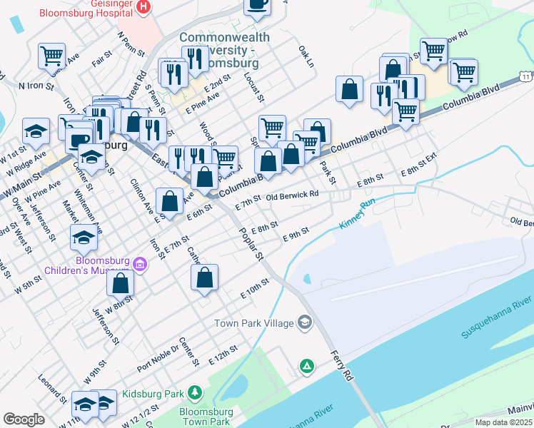 map of restaurants, bars, coffee shops, grocery stores, and more near 755 Cherry Street in Bloomsburg