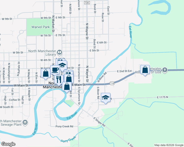 map of restaurants, bars, coffee shops, grocery stores, and more near 207 North Wayne Street in North Manchester