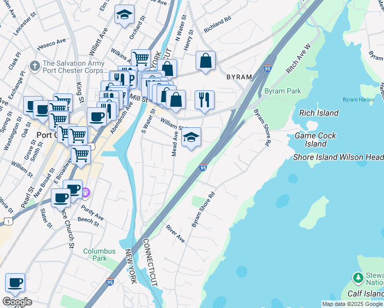 map of restaurants, bars, coffee shops, grocery stores, and more near 25 Mead Avenue in Greenwich