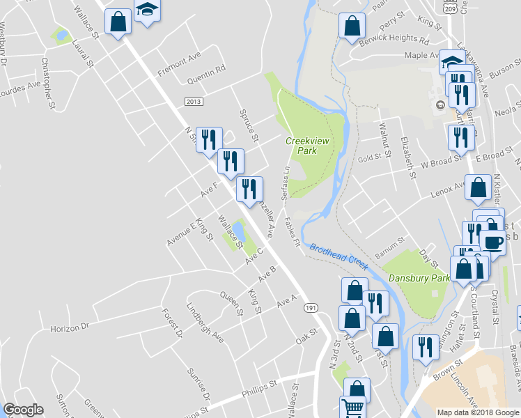 map of restaurants, bars, coffee shops, grocery stores, and more near 1155 Appenzeller Avenue in Stroudsburg