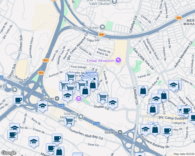 map of restaurants, bars, coffee shops, grocery stores, and more near Ayazma Caddesi in Üsküdar