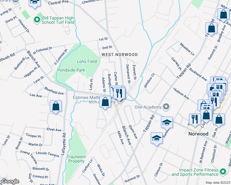 map of restaurants, bars, coffee shops, grocery stores, and more near 30 Burlington Street in Norwood