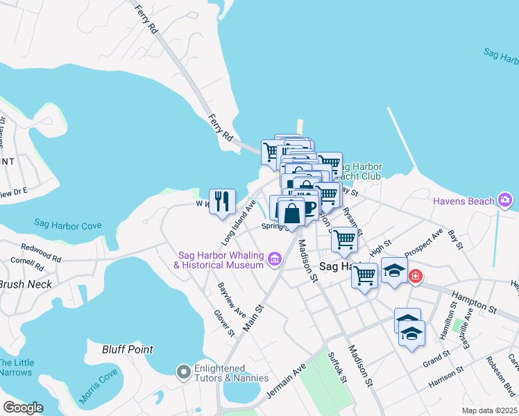 map of restaurants, bars, coffee shops, grocery stores, and more near 11 West Water Street in Sag Harbor