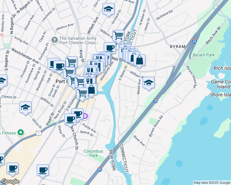 map of restaurants, bars, coffee shops, grocery stores, and more near 86 South Water Street in Greenwich