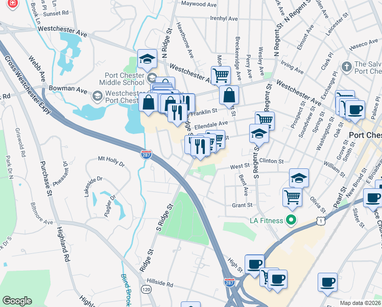 map of restaurants, bars, coffee shops, grocery stores, and more near 21 Highview Avenue in Rye Brook