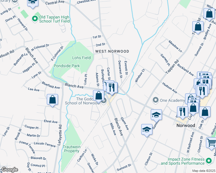 map of restaurants, bars, coffee shops, grocery stores, and more near 30 Burlington Street in Norwood