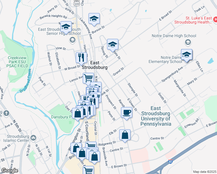 map of restaurants, bars, coffee shops, grocery stores, and more near 28 Lackawanna Avenue in East Stroudsburg