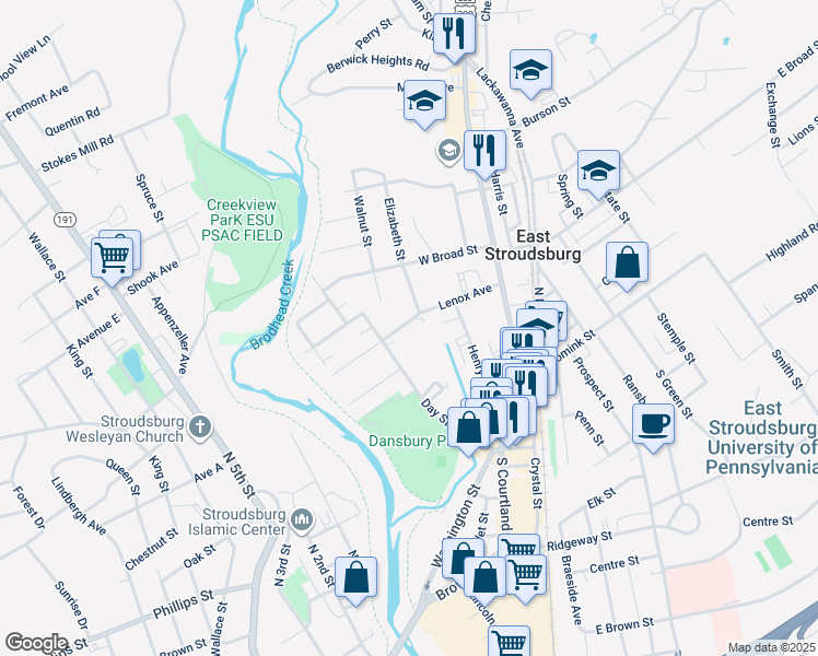 map of restaurants, bars, coffee shops, grocery stores, and more near in East Stroudsburg