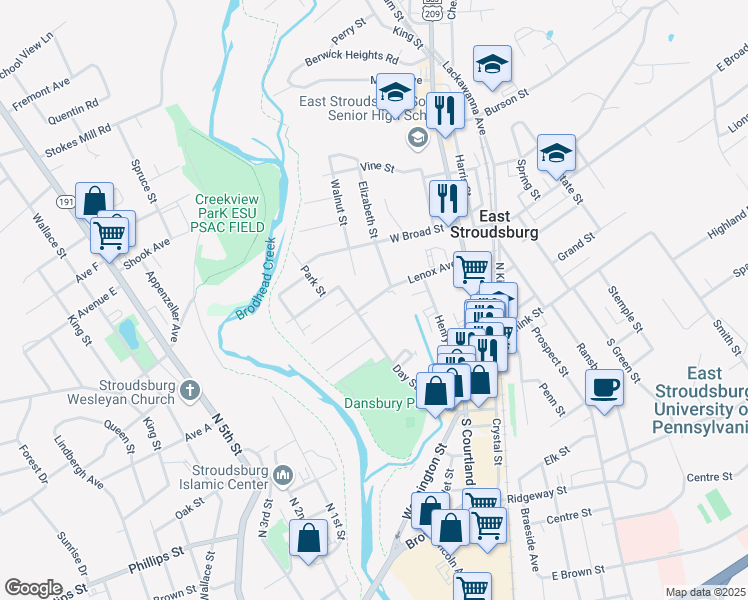 map of restaurants, bars, coffee shops, grocery stores, and more near 34 Walnut Street in East Stroudsburg