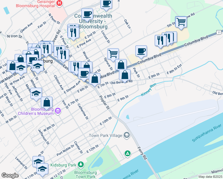 map of restaurants, bars, coffee shops, grocery stores, and more near 755 Cherry Street in Bloomsburg