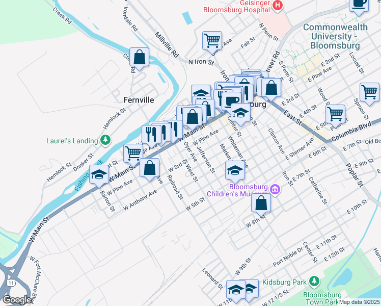 map of restaurants, bars, coffee shops, grocery stores, and more near 219 West Pine Avenue in Bloomsburg