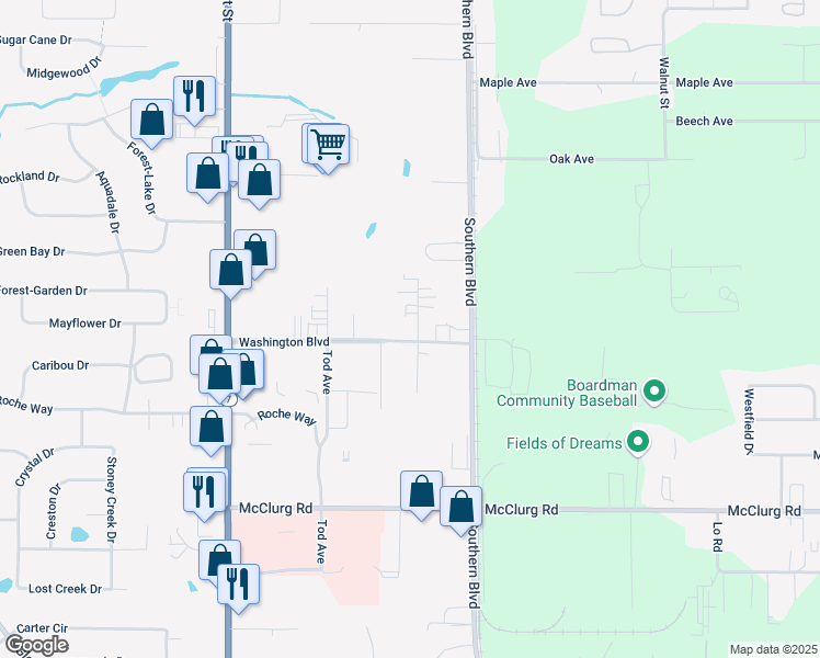 map of restaurants, bars, coffee shops, grocery stores, and more near 8149 Stadler Avenue in Youngstown