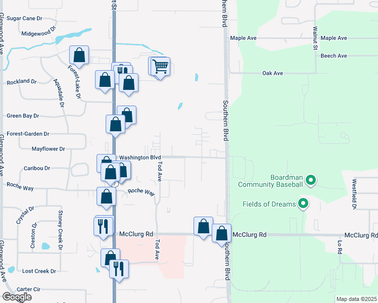 map of restaurants, bars, coffee shops, grocery stores, and more near 161 Stadler Court in Youngstown