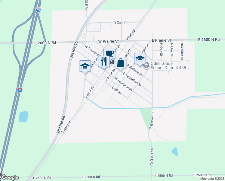 map of restaurants, bars, coffee shops, grocery stores, and more near 303 South Front Street in Odell
