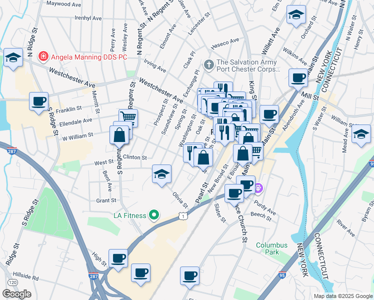 map of restaurants, bars, coffee shops, grocery stores, and more near 70 Oak Street in Port Chester