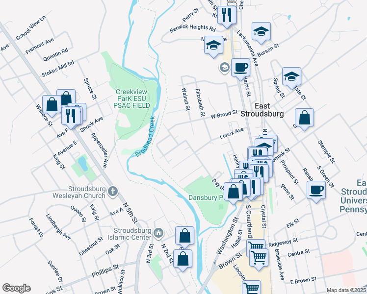 map of restaurants, bars, coffee shops, grocery stores, and more near 42 Borough Street in East Stroudsburg