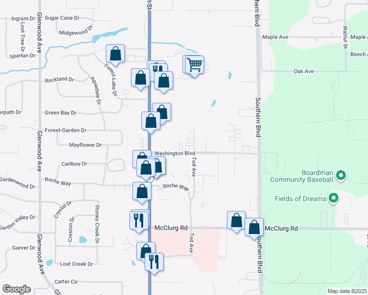 map of restaurants, bars, coffee shops, grocery stores, and more near 80 Washington Boulevard in Youngstown