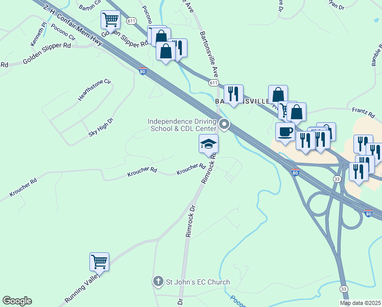 map of restaurants, bars, coffee shops, grocery stores, and more near 2725 Rimrock Drive in Stroudsburg