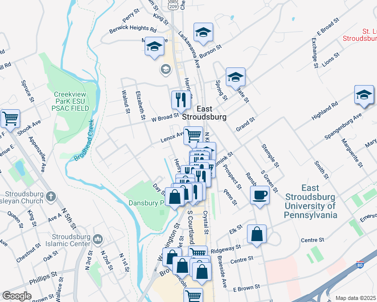 map of restaurants, bars, coffee shops, grocery stores, and more near 55 North Courtland Street in East Stroudsburg