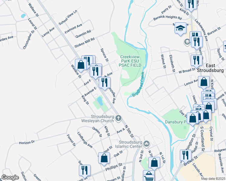 map of restaurants, bars, coffee shops, grocery stores, and more near 1148 Appenzeller Avenue in Stroudsburg