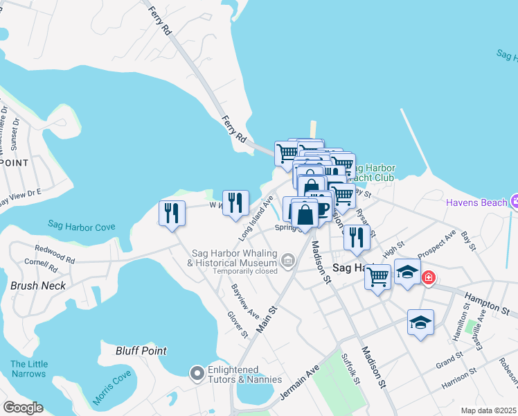 map of restaurants, bars, coffee shops, grocery stores, and more near 11 West Water Street in Sag Harbor