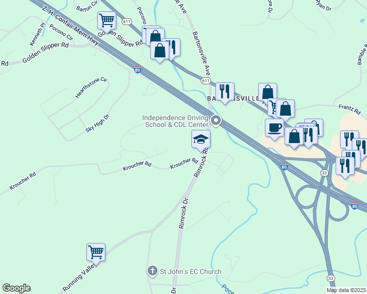 map of restaurants, bars, coffee shops, grocery stores, and more near 2725 Rimrock Drive in Stroudsburg
