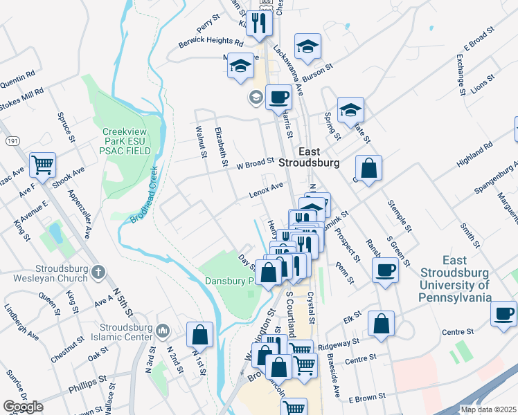 map of restaurants, bars, coffee shops, grocery stores, and more near 79 Henry Street in East Stroudsburg