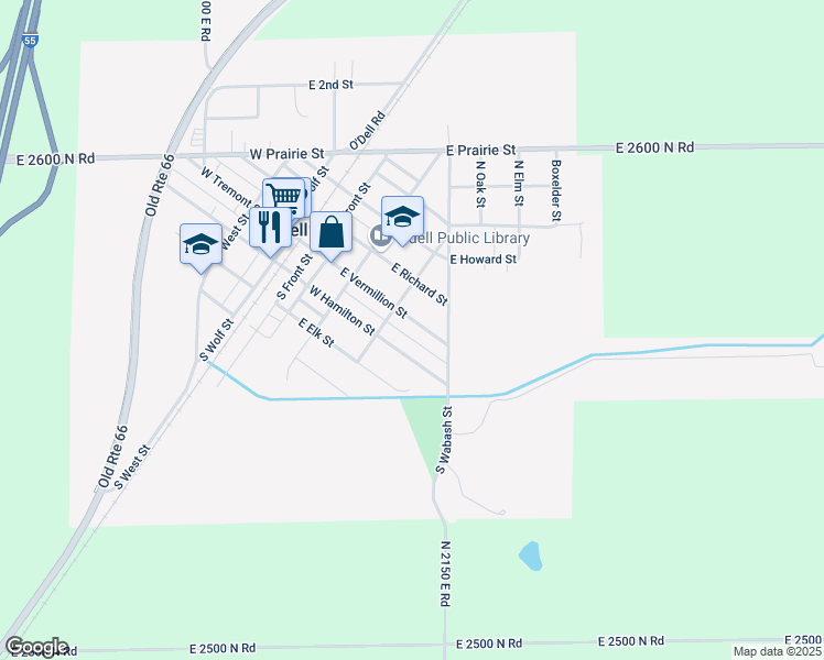 map of restaurants, bars, coffee shops, grocery stores, and more near 402 East Vermillion Street in Odell