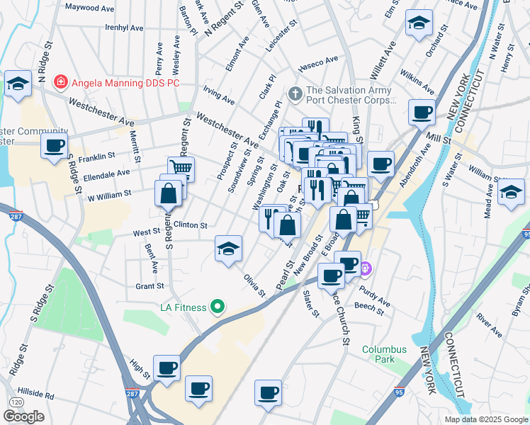 map of restaurants, bars, coffee shops, grocery stores, and more near 58 Oak Street in Port Chester