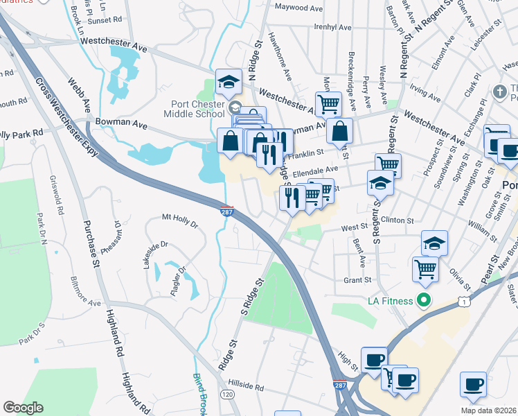 map of restaurants, bars, coffee shops, grocery stores, and more near 16 Westview Avenue in Rye Brook