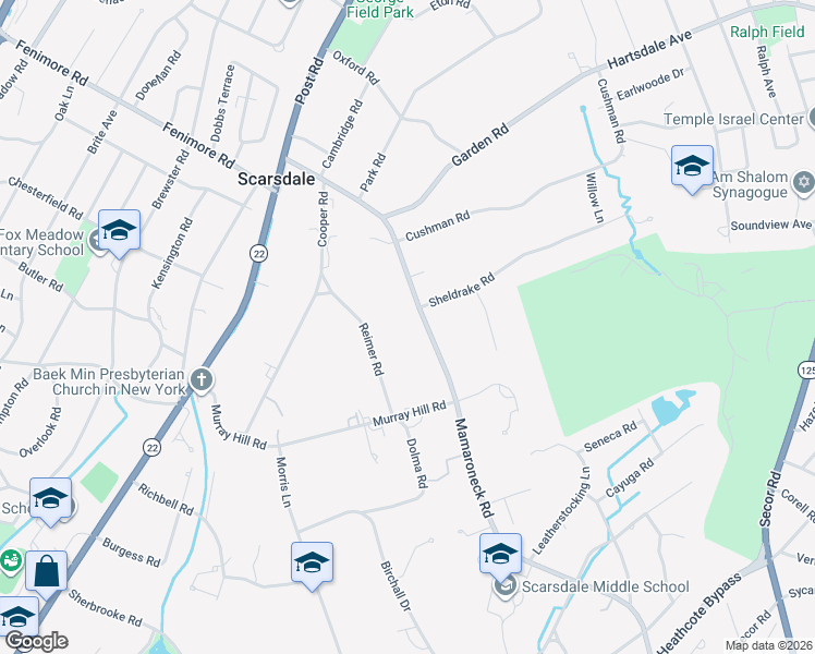 map of restaurants, bars, coffee shops, grocery stores, and more near 66 Mamaroneck Road in Scarsdale