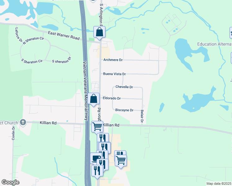 map of restaurants, bars, coffee shops, grocery stores, and more near 2600 Biscayne Drive in Akron