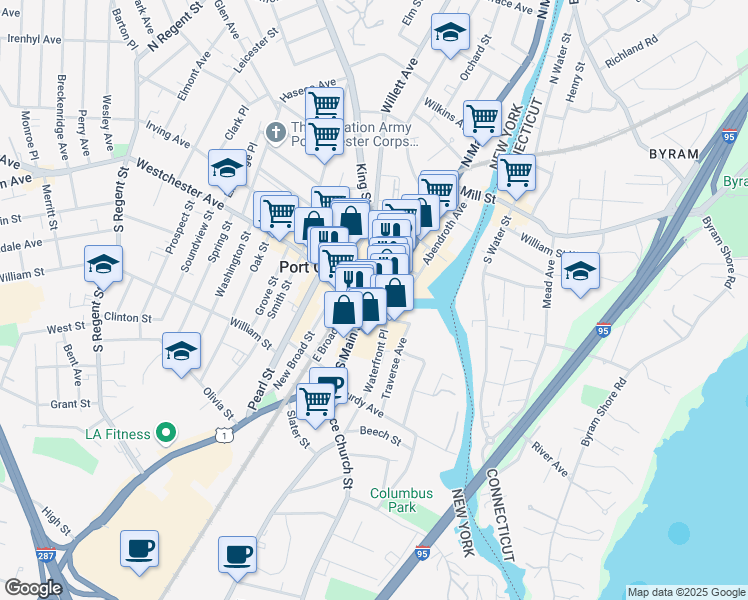 map of restaurants, bars, coffee shops, grocery stores, and more near 17 King Street in Port Chester