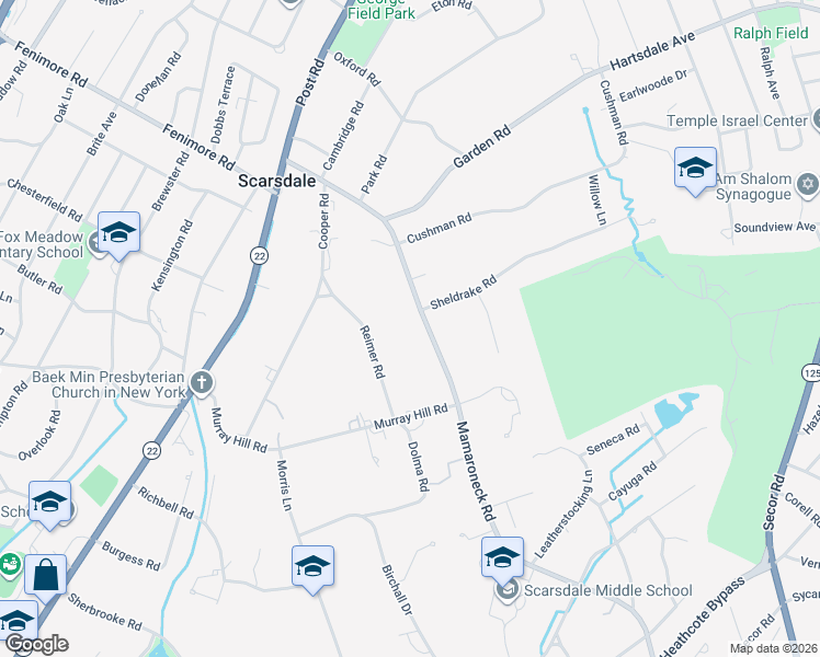 map of restaurants, bars, coffee shops, grocery stores, and more near 66 Mamaroneck Road in Scarsdale