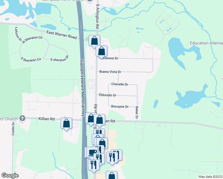 map of restaurants, bars, coffee shops, grocery stores, and more near 2600 Biscayne Drive in Akron
