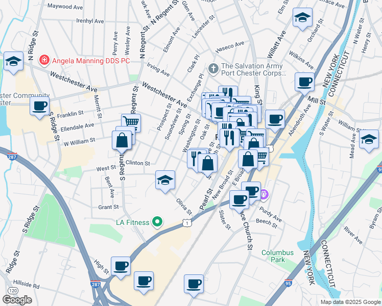map of restaurants, bars, coffee shops, grocery stores, and more near 58 Oak Street in Port Chester