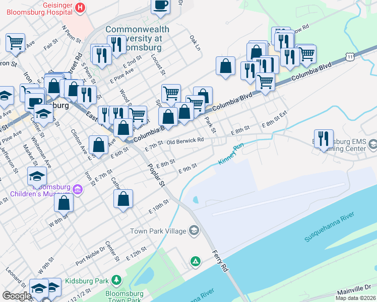 map of restaurants, bars, coffee shops, grocery stores, and more near 636 Old Berwick Road in Bloomsburg