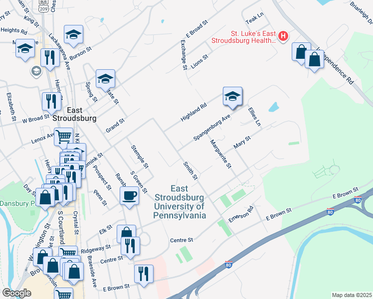 map of restaurants, bars, coffee shops, grocery stores, and more near 1 Spangenburg Avenue in East Stroudsburg