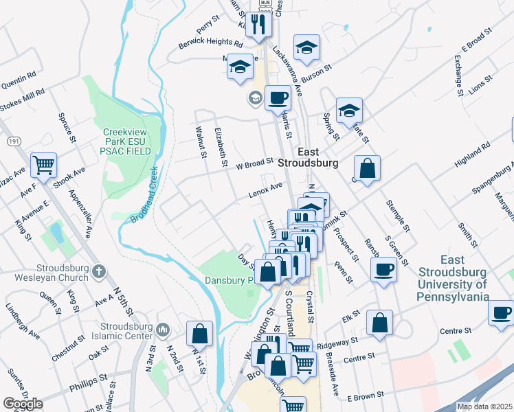 map of restaurants, bars, coffee shops, grocery stores, and more near 79 Henry Street in East Stroudsburg