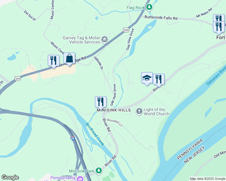 map of restaurants, bars, coffee shops, grocery stores, and more near 1153 Hillside Drive in East Stroudsburg