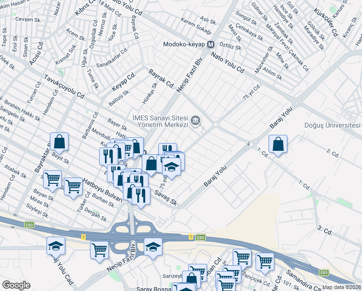 map of restaurants, bars, coffee shops, grocery stores, and more near E 504. Sokak in Ümraniye