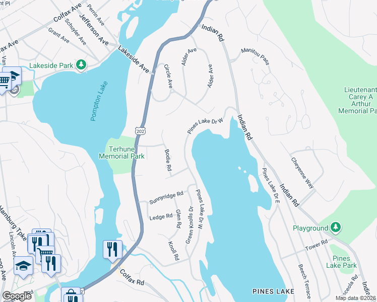 map of restaurants, bars, coffee shops, grocery stores, and more near 1096 Pines Lake Drive West in Wayne