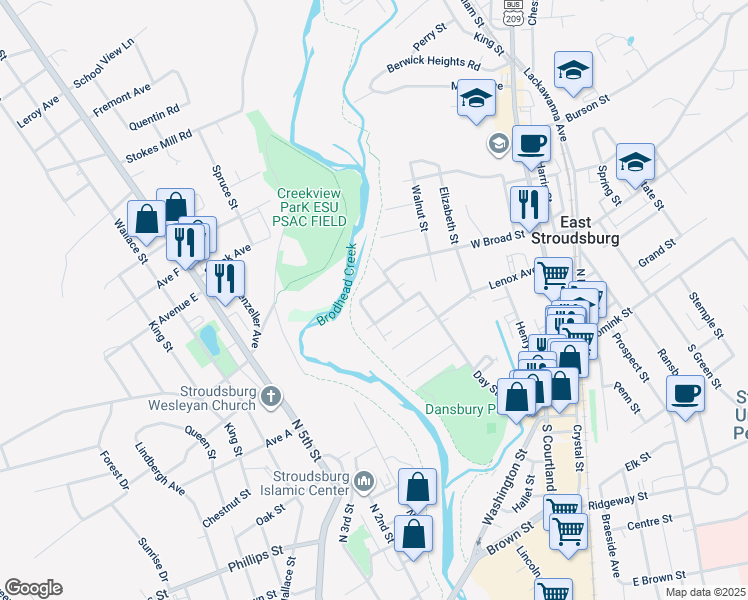 map of restaurants, bars, coffee shops, grocery stores, and more near 15 Roller Street in East Stroudsburg