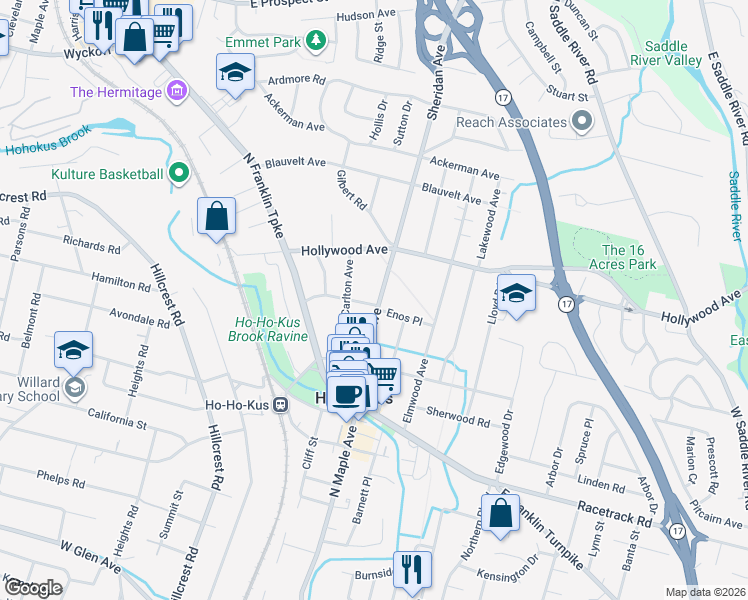 map of restaurants, bars, coffee shops, grocery stores, and more near 93 Sheridan Avenue in Ho-Ho-Kus