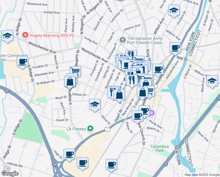 map of restaurants, bars, coffee shops, grocery stores, and more near 58 Oak Street in Port Chester