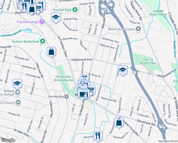 map of restaurants, bars, coffee shops, grocery stores, and more near 93 Sheridan Avenue in Ho-Ho-Kus